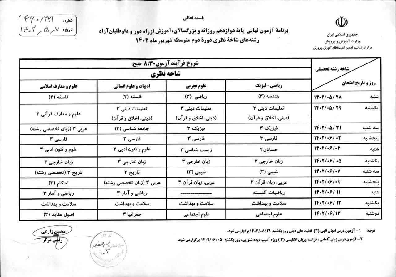 برنامه امتحانات نهایی شهریور